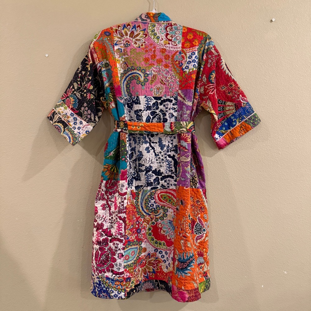Handmade Kantha Quilt Robe Women OS Multi Patchwork Cotton Kimono Jacket Boho - Picture 5 of 13
